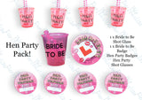 Hen Night Pack - Hen Party Shot Glasses and Badges with Bride To Be Glass and Badge 1 bride to be + 11 H3nParty shot glasses