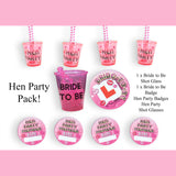 Hen Night Pack - Hen Party Shot Glasses and Badges with Bride To Be Glass and Badge 1 bride to be + 11 H3nParty shot glasses