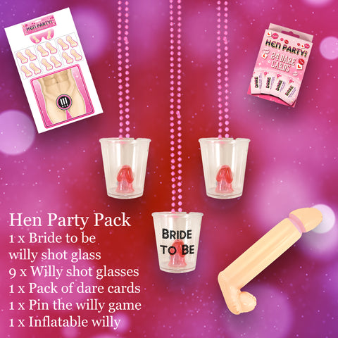 Hen Party Pack with Willy Shot Glass and Hen party accessories
