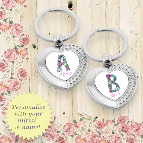 Set of 2 Personalised Floral Alphabet Heart Keyrings