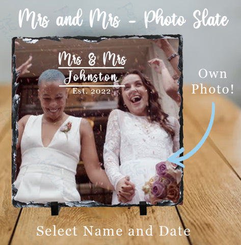Mrs & Mrs Personalised Photo Rock Slate Display - with stand - memory of your engagement, wedding day, or anniversaries