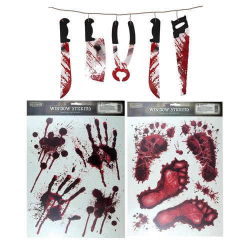 Halloween decoration set of 3 Bloody Hand print,  foot print window stickers & torture tools decoration