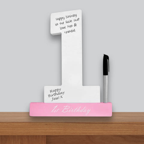 1st Birthday Signature Number Standing Wood Plaque Pink