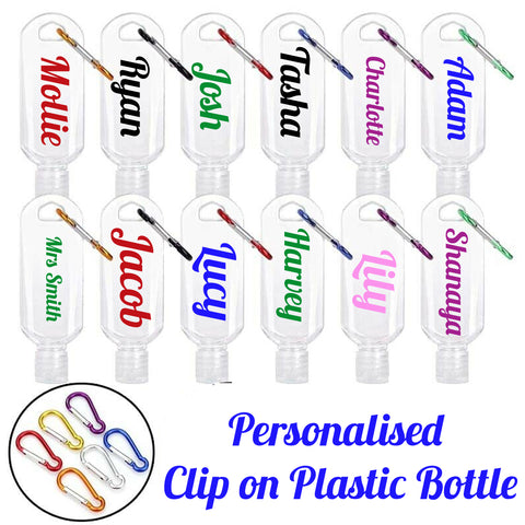 2 x personalised empty sanitiser bottle 50ml/  Refillable bottle with flip on lid and  Clip
