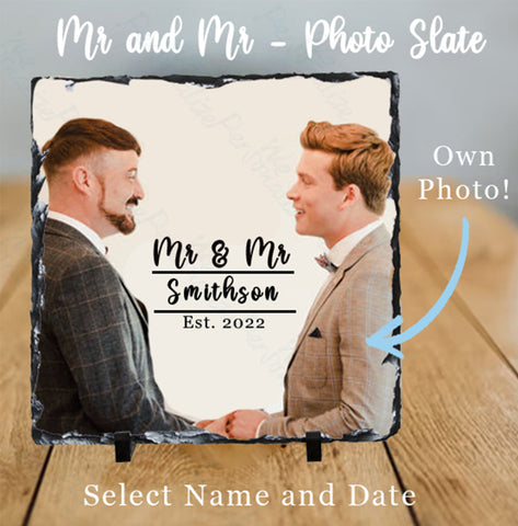 Mr & Mr Personalised Photo Rock Slate Display - with stand - memory of your engagement, wedding day, or anniversaries