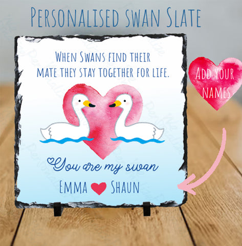 Swan Lovers Photo Rock Slate Display - with stand - Valentines - memory of your engagement, wedding day, or anniversaries