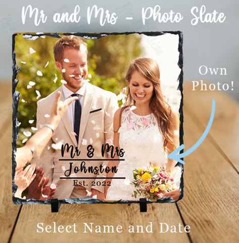 Mr & Mrs Personalised Photo Rock Slate Display - with stand - memory of your engagement, wedding day, or anniversaries.